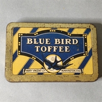 blå guld farvet gammel metaldåse fra Blue bird toffee  konfektdåse